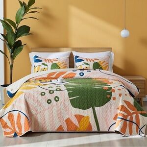 NEW Anthro Abstract Pattern Multicolor Boho Queen  King Bedding Quilt & Sham Set